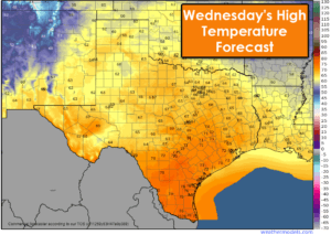 A warmup will occur on Wednesday, with temperatures across Texas making it up into the 60s and 70s during the afternoon hours.