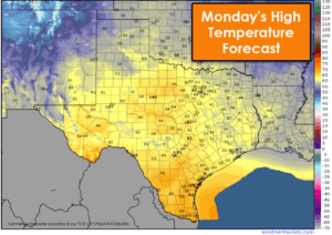 A quick warm up will begin on Monday across Texas as southerly winds return. Temperatures will top out in the upper 50s, 60s, to lower 70s.