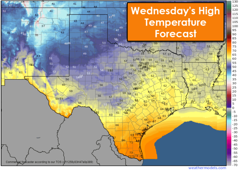 Wednesday's high temperatures across Texas - with 40s and 50s for the northwestern half of Texas, excluding El paso into the Big Bend who will be in the 60s. The southeastern half of Texas will top out in the 60s and 70s.