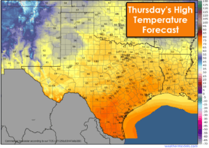High temperatures on Thursday across Texas will range from the 50s in the Panhandle and West Texas, up into the 60s and 70s across the remainder of the state.
