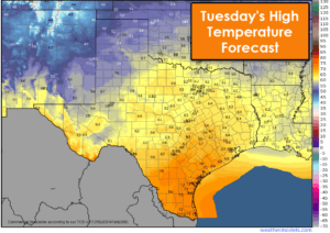 Warm weather will continue across the southeastern two thirds of Texas on Tuesday, but cooler weather arrives in the Panhandle and West Texas with precipitation chances beginning Tuesday night. 