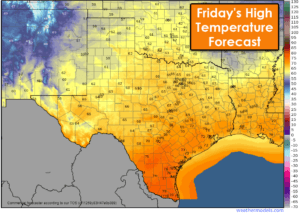 Friday will be nearly identical to Thursday, with temperatures peaking in the 60s and 70s across most of Texas. 50s are likely again in the Panhandle and West Texas.