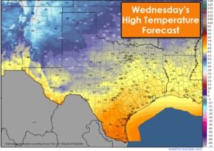 With rain chances returning to the western half of Texas on Wednesday, high temperatures will be cooler and in the 40s and 50s. The southeastern half of Texas remains warm with temperatures in the 60s and 70s Wednesday afternoon.