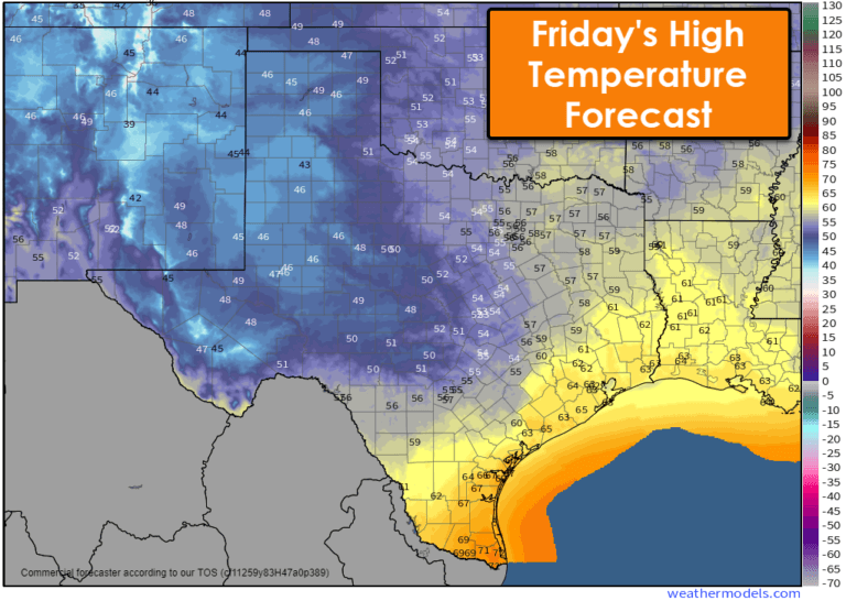 As rain chances spread east on Friday, temperatures across the western two-thirds of Texas will likely top out in the 40s to lower 50s. It'll be in the 60s along the Texas Gulf Coast and Southeast Texas, with 70s in the Rio Grande Valley.