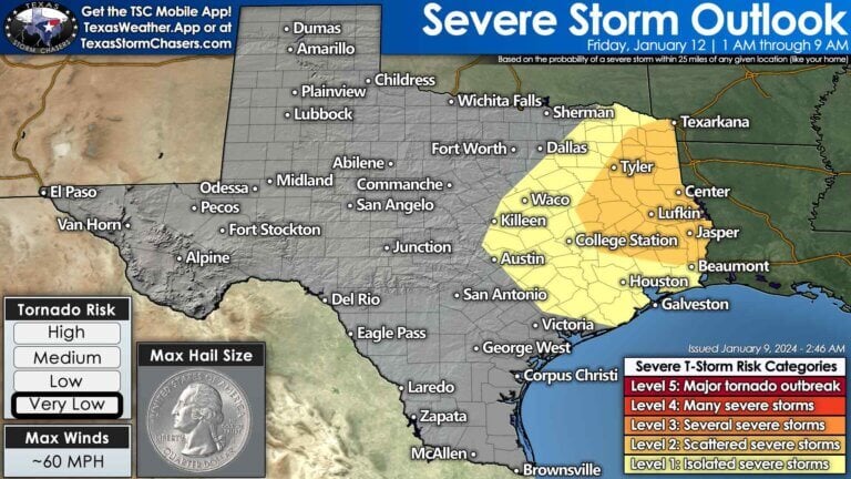 At least a low chance of strong thunderstorms may return to Northeast Texas, East Texas, and Southeast Texas Friday morning. 