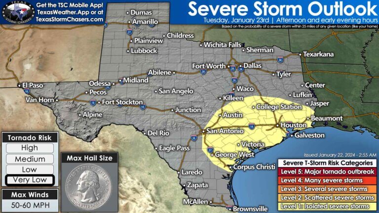 Texas severe weather outlook for Tuesday, January 23rd. A low threat for severe storms may develop in the Coastal Bend, Coastal Plains, Brazos Valley, and Southeast Texas during the afternoon hours. This would include Corpus Christi, San Antonio, Austin, College Station, Houston, Victoria, Galveston, and Beaumont. The main hazard would be localized damaging wind gusts and perhaps a brief tornado. 