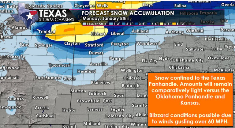 Forecast snow totals in the Texas & Oklahoma Panhandles for today.