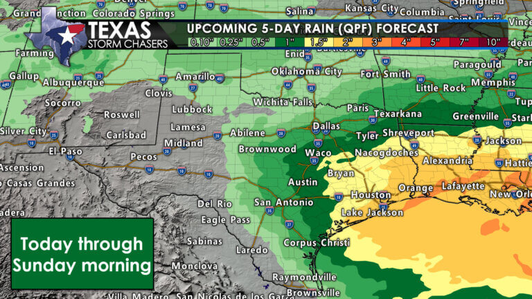 Forecast rain totals over the next five days across Texas