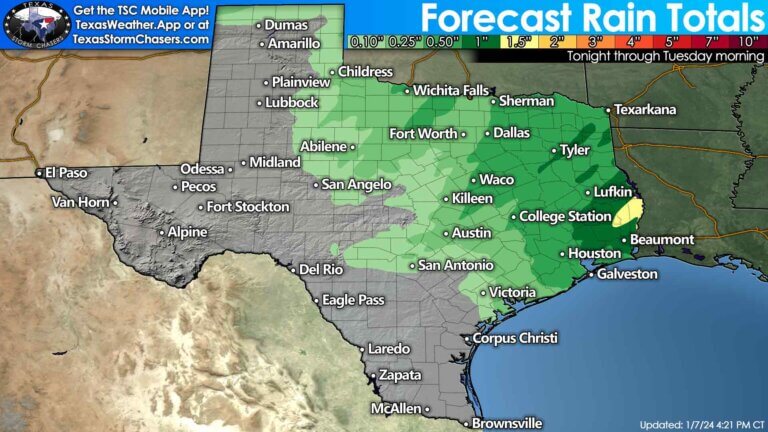 Forecast rain totals across Texas on Monday and Tuesday.