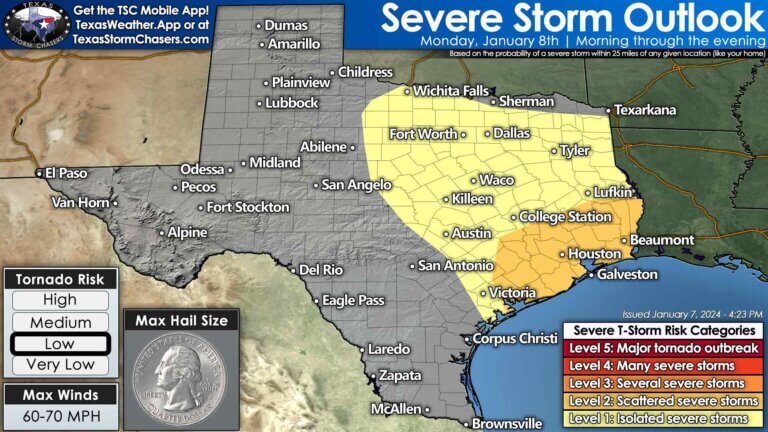Severe thunderstorm outlook for Texas on Monday. The highest threat for severe storms, including a tornado risk, will be across Southeast Texas and the Golden Triangle.