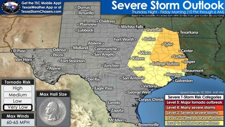 Isolated to scattered severe thunderstorms are possible late Thursday night into Friday morning across North Texas, Northeast Texas, and East Texas. Damaging winds and spin-up tornadoes are the main threat. 