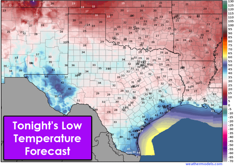 Tonight's low temperature forecast for Texas