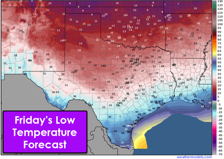 Friday morning's low temperature forecast for Texas