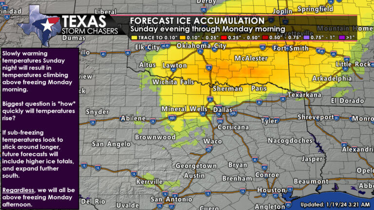 Light ice accumulations from freezing rain are possible Sunday night into Monday morning across Texoma and North Texas, perhaps including the D/FW Metroplex.