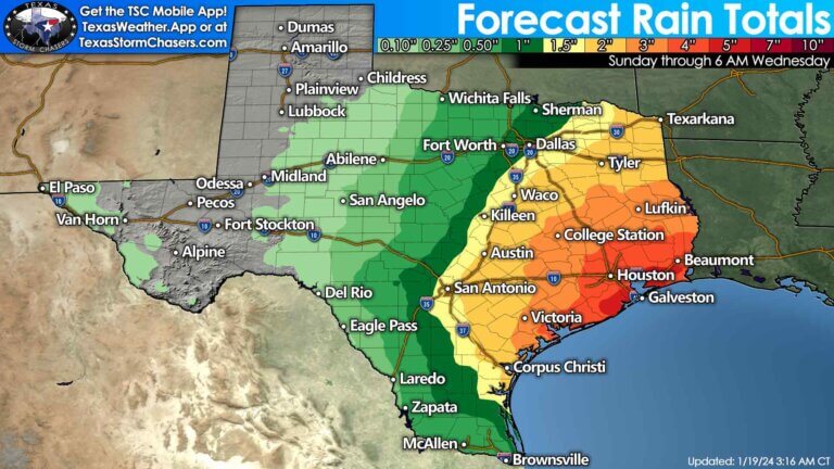 Forecast rain totals across Texas through Wednesday morning of next week. At least one inch of rain is expected east of a Bonham-Dallas-Killeen-San Antonio line – into Arkansas and Louisiana. Flooding may become an increasingly likely hazard by Tuesday when we see several inches of rain.