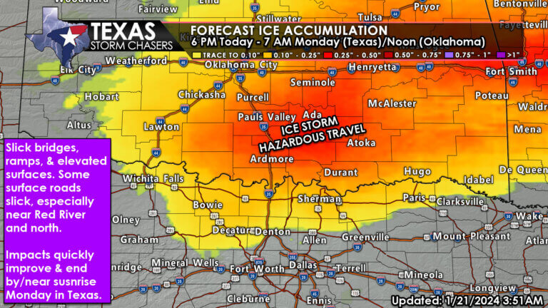 Forecast ice accumulations in northern Texas and Oklahoma this evening through Monday morning. Light ice may cause slick spots on bridges, overpasses, and some roads in Texoma; while a ice storm may cause more serious issues in Oklahoma and Arkansas. 