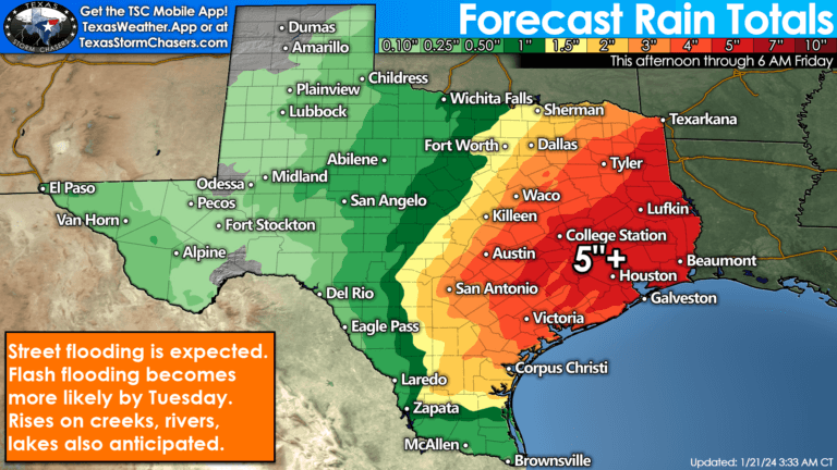 Forecast rain totals in Texas tonight through Friday morning. Five to seven inches of rain are possible by Friday morning in the Ark-La-Tex, East Texas, Southeast Texas, Coastal Plains, up into the Brazos Valley. We expect at least one to three inches of rain across the eastern half of Texas, from Texoma south through the Hill Country and South Texas. Rainfall amounts of one-half to over one inch are possible in Northwest Texas, the Big Country, Concho Valley, and Edwards Plateau. At least one-tenth of an inch of rain is expected in the eastern Panhandle, West Texas, Permian Basin, into the Big Bend, Trans-Pecos Region, and the Borderland of Far West Texas.