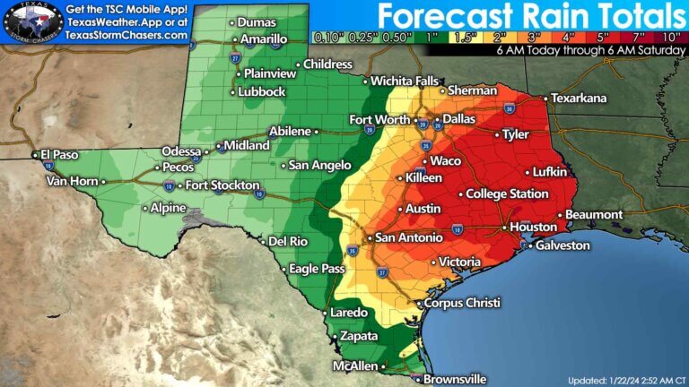 Forecast rain totals for Texas through Saturday morning. Two to seven inches of rain are possible across the eastern half of Texas; with lower amounts across the western half of the state. Flooding will become an increasing concern beginning Tuesday. 
