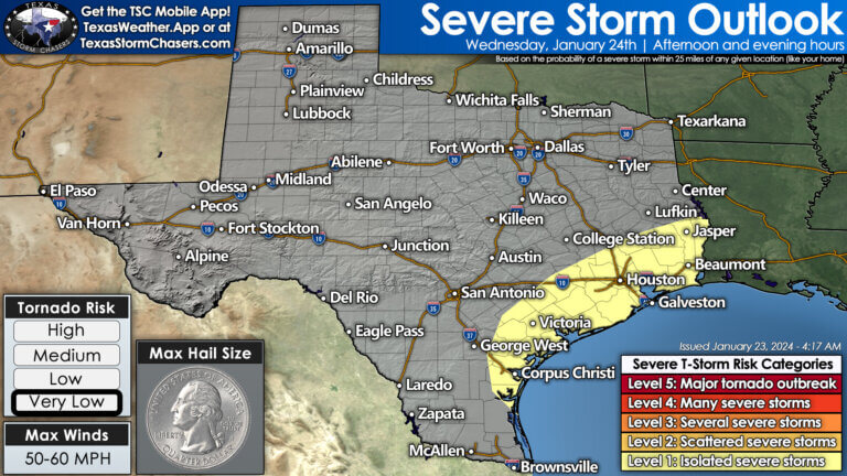 Wednesday's severe storm outlook for Texas - with a low risk of storms with large hail, damaging winds, and a brief tornado across the Middle and Upper Texas Gulf Coast - generally from Corpus Christi and Victoria northeast toward Houston, Galveston, Beaumont, and Jasper. 