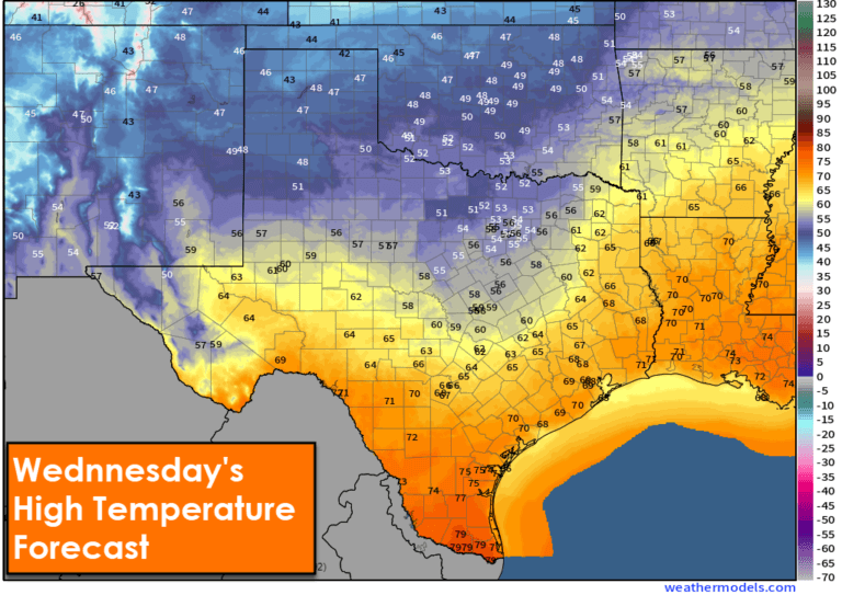 Wednesday's high temperature forecast for Texas