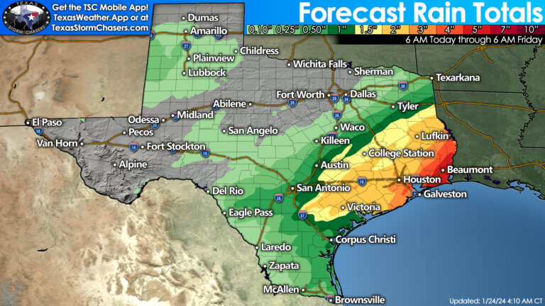 Forecast additional rain from this morning through Friday morning in Texas. An additional three to six inches of rain may fall across the Coastal Plains, Brazos Valley, Southeast Texas, and the Golden Triangle.