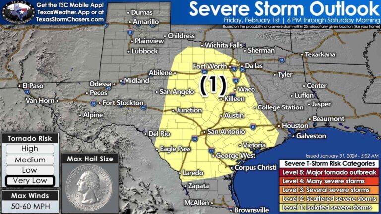 A isolated risk for severe storms with pocket-change size hail may occur Friday evening into Saturday morning across the Big Country, Concho Valley, Hill Country, Edwards Plateau,  Coastal Bend, Coastal Plains, South Texas, Central Texas, and North Texas. Most storms will behave. 