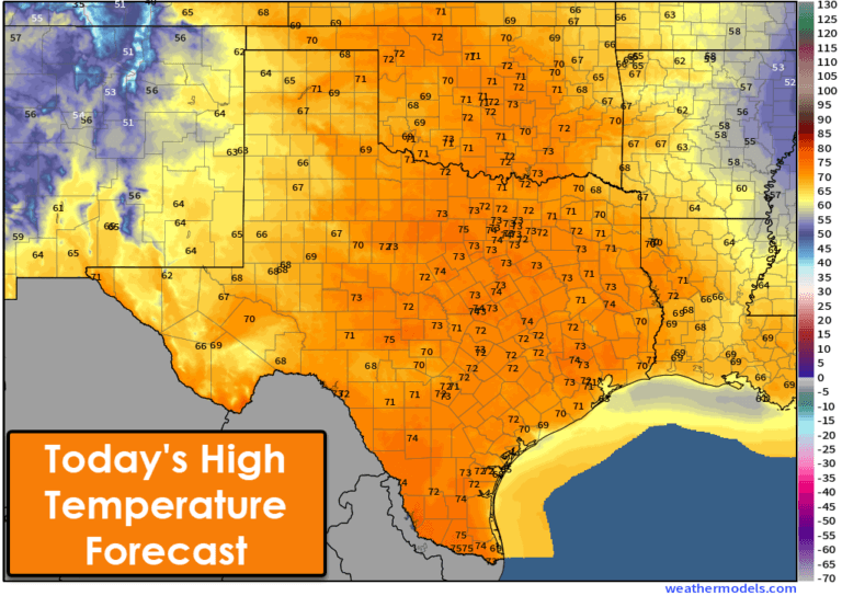 False spring will continue across Texas with high temperatures across Texas in the 60s and 70s this afternoon.