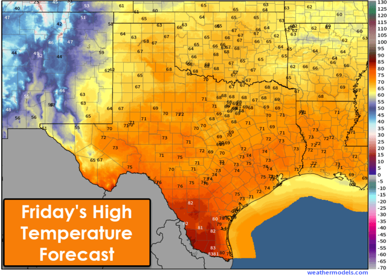 Texas' high temperatures on Friday will climb into the 80s across South Texas and the Rio Grande Plains; with 60s and 70s across the rest of the state. 