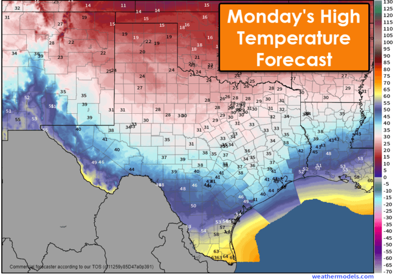 Monday's High Temperature Forecast for Texas