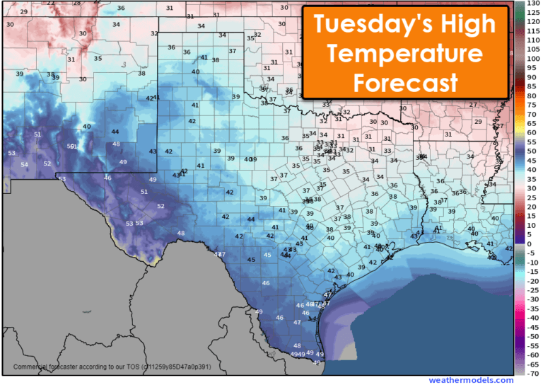 Tuesday's High Temperature Forecast for Texas