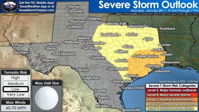 Severe thunderstorm outlook for Texas today. The highest threat for severe storms, including a few tornadoes, looks to be in Southeast Texas and the Golden Triangle (Far Southeast Texas). 
