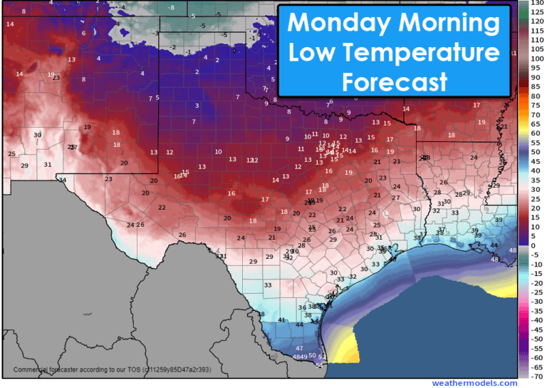 Forecast low temperatures Monday morning across Texas. Nearly the entire state will be below freezing.