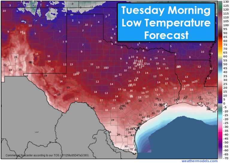 Forecast low temperatures Tuesday morning across Texas. All of the state will be below freezing. 