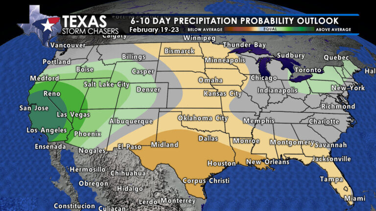Climate Prediction Center outlook for February 19-23 showing a below-average chance of precipitation across Texas; indicating a drier stretch of weather. 