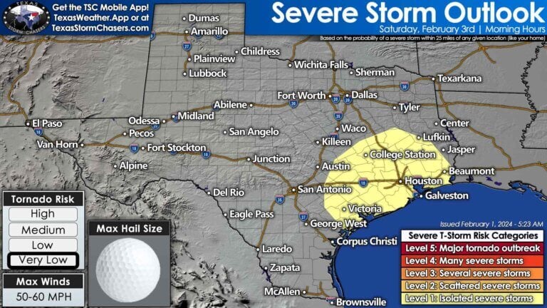 Isolated severe storms with hail, strong winds, and a very low tornado threat may occur Saturday morning along the Upper Texas Coast in the Coastal Plains, Southeast Texas, and the Brazos Valley. 
