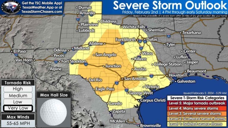 Tonight's severe weather outlook for Texas from the Storm Prediction Center. Isolated to scattered strong to severe storms with hail are possible in Northwest Texas, the Big Country, Concho Valley - east through North, Central, and South-Central Texas, and eventually Southeast Texas, the Brazos Valley, and the Golden Triangle Saturday morning. Strong wind gusts and a tornado can't be ruled out.