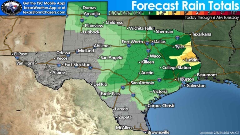 Forecast rain totals across Texas through the weekend and early next week. One-tenth to three inches of rain will be possible across the eastern half of Texas; with one-tenth to one inch of snow-melt possible in the Panhandle.