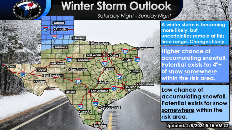 Winter storm and snow outlook for Texas on Sunday. Accumulating snow may create travel difficulties across the Texas Panhandle; with lower chances in West Texas and Northwest Texas. There is some risk of significant accumulations exceeding four inches.