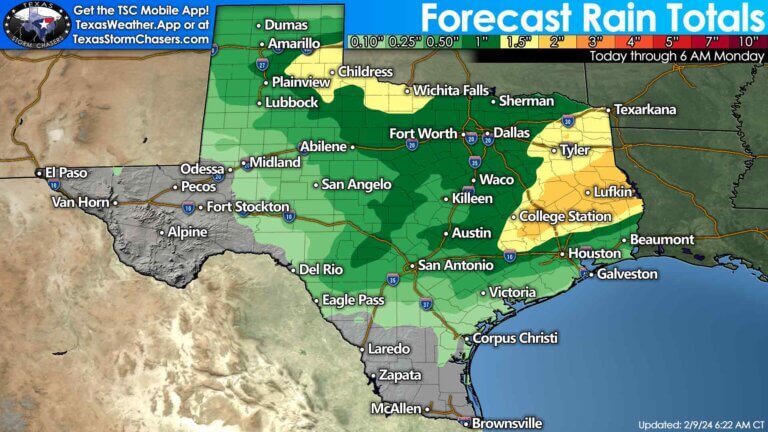 Forecast rain totals this weekend across Texas. One to three inches of rain is expected across the eastern third of the state, and across the the eastern Texas Panhandle and Northwest Texas (snow-melt included).