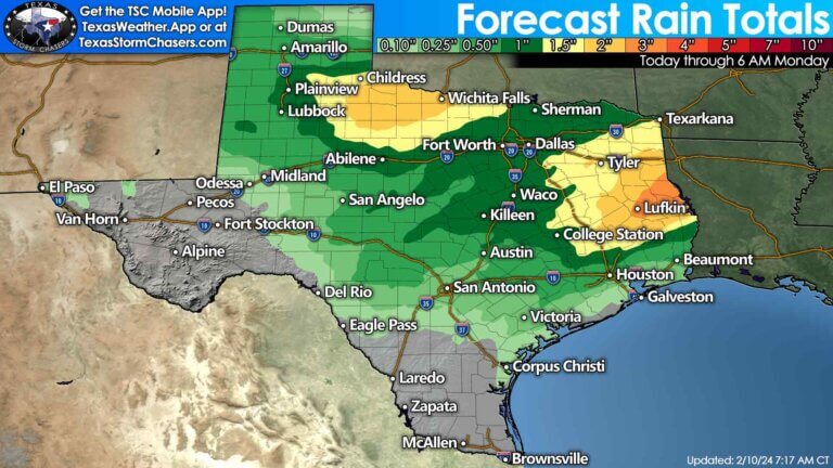 Forecast rain totals across Texas this weekend. One to three inches of rain are expected today, tonight, and Sunday across the Ark-La-Tex, East Texas, the Piney Woods, and back west into the Brazos Valley. Localized flooding will be a threat, with creeks, streams, and watersheds rising. One to one-and-a-half inches of rain are possible across Texoma, North Texas, Central Texas, and Southeast Texas. Rain (or snow that melts after the fact) could be one to three inches across the southeastern Texas Panhandle, West-Central Texas, the Big Country, and Northwest Texas. Big Bend, Southwest Texas, South Texas, the Rio Grande Valley, and Rio Grande Plains generally miss out on appreciable precipitation.