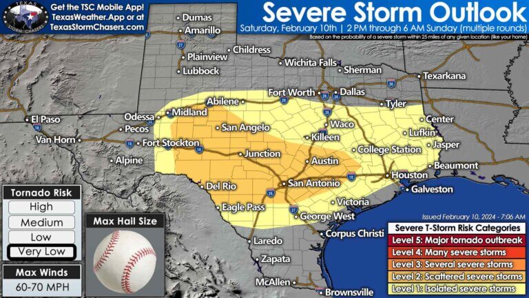 Today's severe weather outlook from the Storm Prediction Center for Texas. A more concerning severe thunderstorm threat is expected tonight through Sunday morning across the Concho Valley, Edwards Plateau,  Hill Country, Central Texas, and South-Central Texas. Concern has increased regarding the potential for damaging hail up to the size of baseballs, damaging wind gusts, and the potential for a tornado. Thunderstorms are expected to develop around 11 PM to Midnight. A superceulluar storm mode is expected, with all modes of severe weather possible. Damaging hail will likely be the most prominent issue.