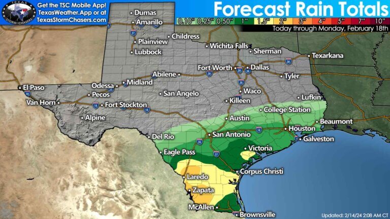 Overall forecast rain amounts will be highest in South Texas, where one to two inches of rain is expected to fall. Amounts will average between one quarter and one inch across the southeastern third of Texas.