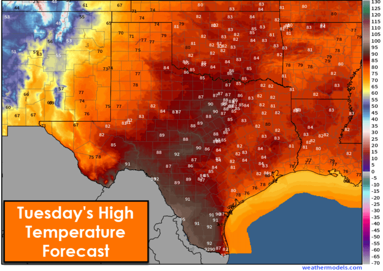 Tuesday's high temperature forecast across Texas will be similar to today, though perhaps a few degrees cooler. Nevertheless, 80s and 90s are expected. 