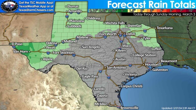 Forecast rain amounts for Texas through Sunday morning. The Borderland and Far West Texas may pick up one-half inch of rain, with one-tenth to one-quarter inch of rain possible in the Panhandle, West Texas, Permian Basin, Big Country, Texoma, and Northeast Texas.