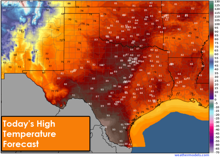 Today's high temperature forecast across Texas features very warm conditions for February - with 70s, 80s, and 90s.
