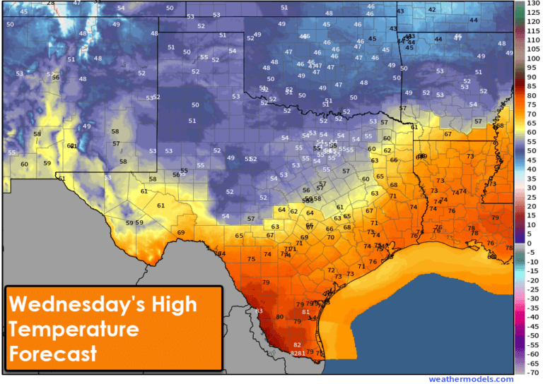 Wednesday's high temperature forecast for Texas shows cooler conditions arriving from the north.
