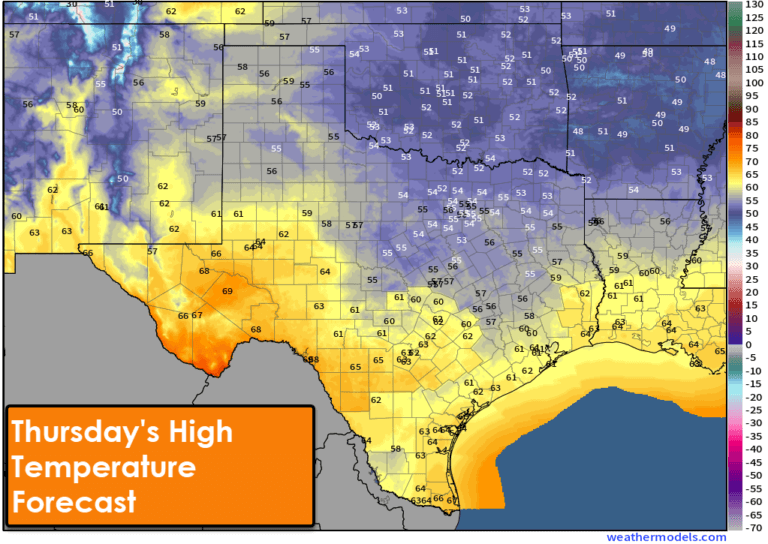 Thursday's high temperature forecast for Texas features 50s across the northeastern half of Texas and 60s for the southwestern half.