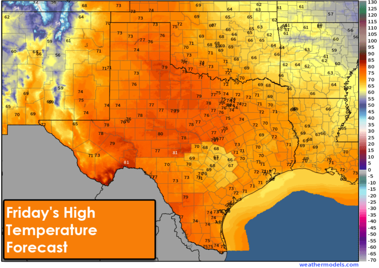 Friday will be much warmer across Texas, with high temperatures in the upper 60s and 70s.