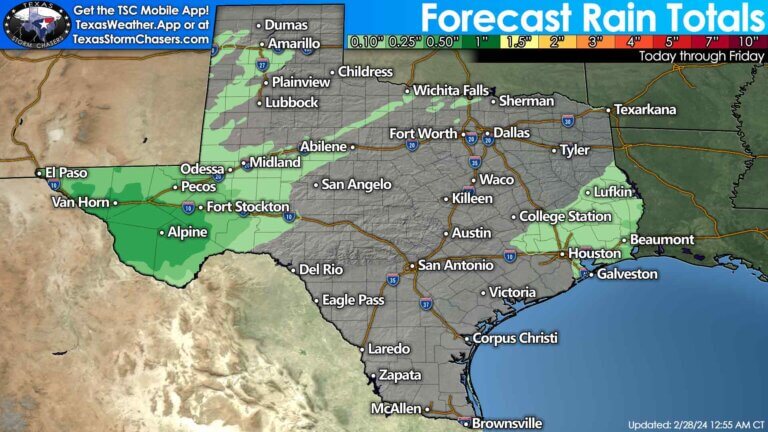 Forecast rain totals across Texas for today through Friday. The best chance for around one-half inch of rain will be in the Borderland, Big Bend region, the Trans-Pecos, Guadalupe Mountains, and the Davis Mountains. Rainfall totals quickly fall to around one-tenth of an inch or less across the Permian Basin, West Texas, and the Texas Panhandle.
