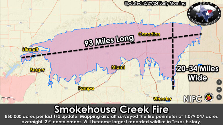 Overview of the Smokehouse Creek Fire as of early Thursday morning. The last official update had the fire at 850,000 acres. 